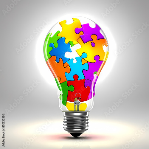 A colorful puzzle-piece lightbulb symbolizing creativity, innovation, and the interconnected nature of ideas and solutions, isolated 
