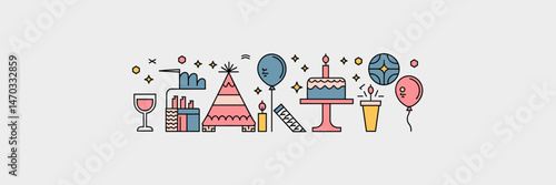 Vector icon set of minimalistic party elements including wine glass, cake, balloon, and confetti on white background – Ideal for modern celebration designs, event branding, or lifestyle blogs.