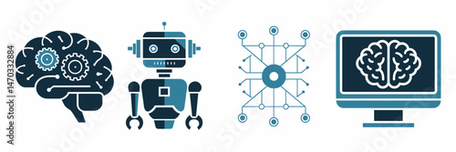 Vector icon set of artificial intelligence with brain gears, robot head, and futuristic design