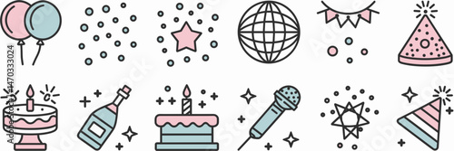 Vector icon set of party icons with balloons, confetti, cake, champagne bottle, disco ball, microphone, and party hat – Suitable for celebration-themed marketing, music events, or lifestyle blogs.