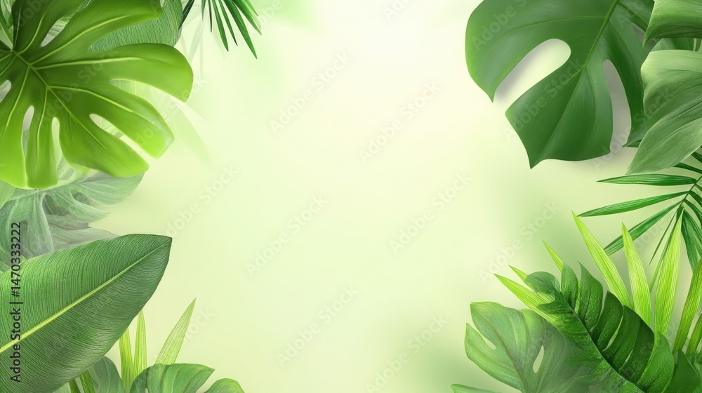 Obraz premium Refreshing green background with lush tropical leaves, soft natural light and blurred depth, vibrant jungle mood