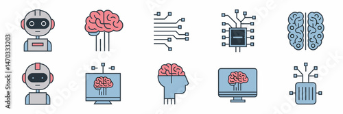 Vector icon set of artificial intelligence featuring robot brain, wired brain, computer, and circuit board