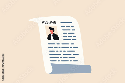 Lying on resume CV to get hired, dishonesty or integrity problem on work experience and career history, fake education degree concept, resume paper with photo of liar pinocchio long nose businessman.
