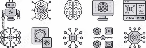 Minimalist vector icon set of robot, brain, computer, data graph, neural network, and algorithm – Suitable for AI startup branding, digital learning platforms, or smart tech marketing