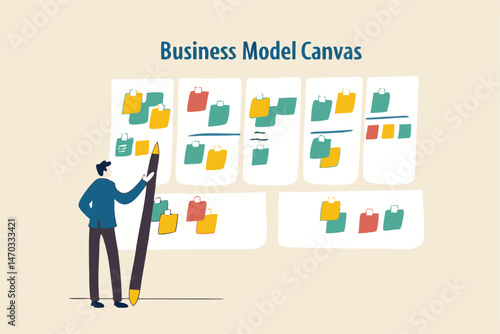 Writing business model, entrepreneur plan for starting new business, present or brainstorm to get success ideas concept, smart businessman holding pencil after finish writing business model canvas.