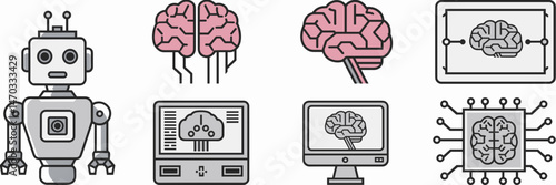 Vector icon set showing brain head robot, wired brain, computer brain, and circuit board brain
