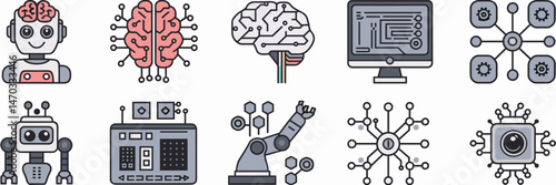 Vector icon set of robot brain head, wired brain, AI computer, robot arm, and neural network