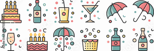 Vector icon set of pastel party elements including cake, wine bottle, martini glass, cocktail umbrella, and confetti popper – Great for festive designs, event promotion, or lifestyle blogs.