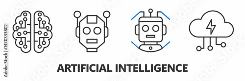 Vector illustration of brain circuits, robot head, and cloud lightning bolt for artificial intelligence