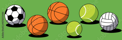 Vector icon set of various balls on green field in simple style – Perfect for sports apps, educational materials, or playful designs.