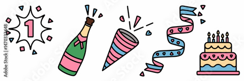 Vector icon sheet of party celebration items such as confetti explosion, champagne bottle, party horn, cake and more