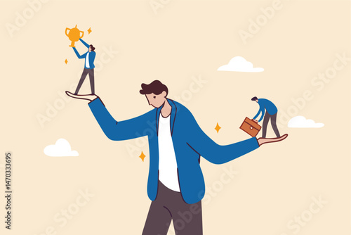 Social comparison anxiety, compare yourself to others, discourage of failure, loser or self motivation problem concept, sad depressed man stand on his hand compare himself with winning colleague.