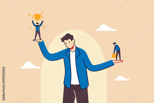 Social comparison anxiety, compare yourself to others, discourage of failure, loser or self motivation problem concept, sad depressed man stand on his hand compare himself with winning colleague.