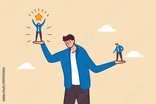 Social comparison anxiety, compare yourself to others, discourage of failure, loser or self motivation problem concept, sad depressed man stand on his hand compare himself with winning colleague.