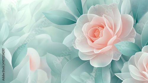 Pastel Rose Bloom with Green Leaves.