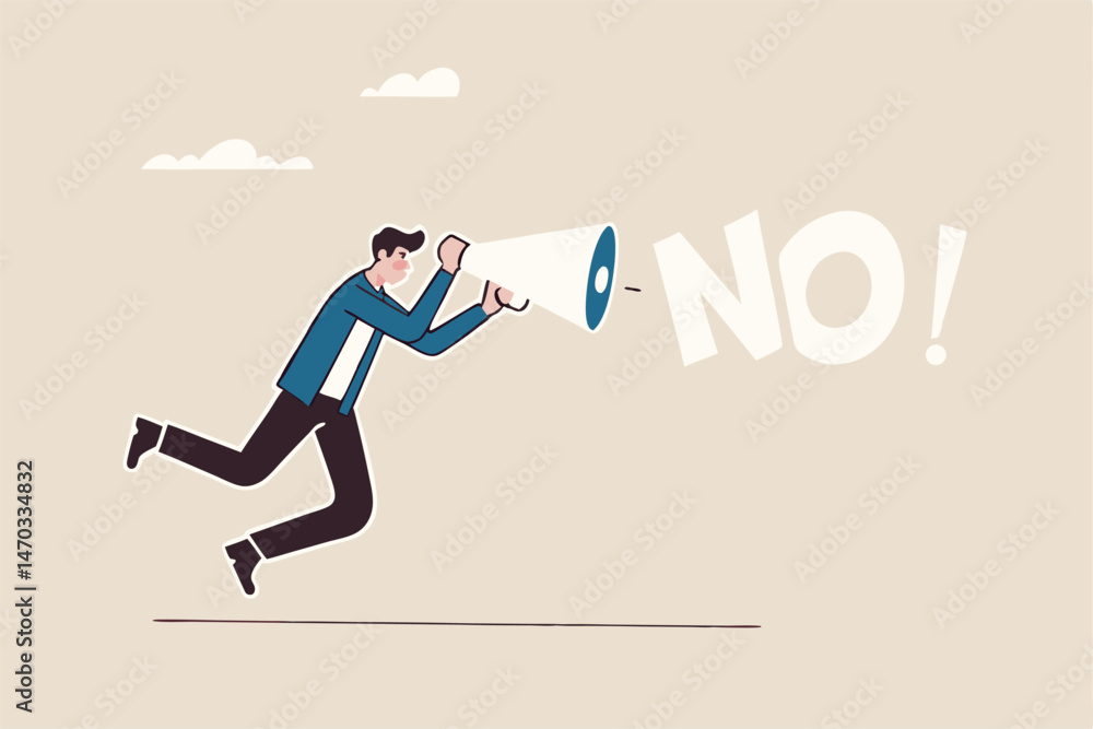 Learn to say no, leadership skill to manage workload, refuse to do wrong thing or time management concept, confidence businessman speak out loud on megaphone to his boss with the word No.