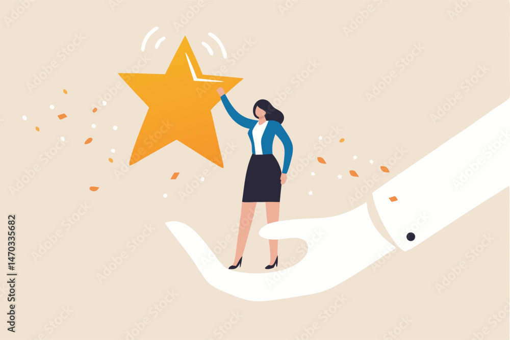 Employee success recognition, encourage and motivate best performance, cheering or honor on success or achievement concept, winning confidence businesswoman standing on big hand getting star reward. Employee success recognition, encourage and motivate best performance, cheering or honor on success or achievement concept, winning confidence businesswoman standing on big hand getting star reward.