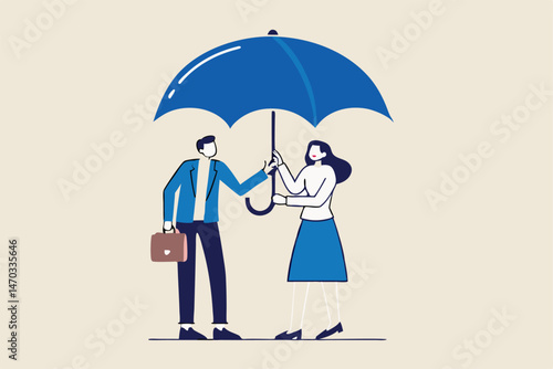 Good boss defend team for the right, cover or protection from business risk, help or support in career development concept, kindness businessman offer big umbrella to cover employee from bad weather.