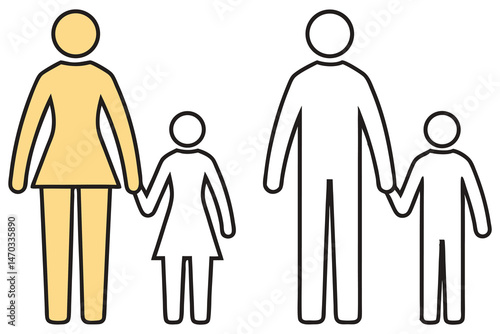 Stick figure mother and daughter hold hands, while father and son also connect