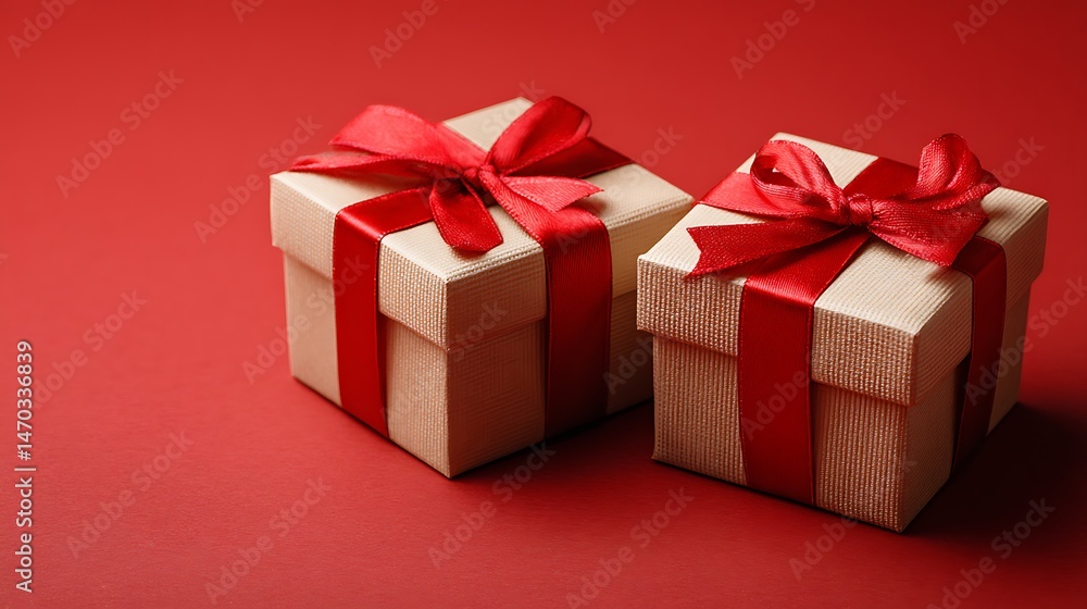 Obraz premium Ultra quality image of elegant gift boxes with red ribbons lying on red background.
