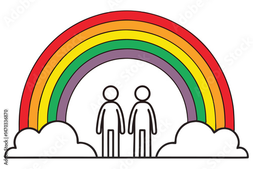 Simplified figures stand beneath a vibrant rainbow arching over fluffy white clouds, symbolizing hope
