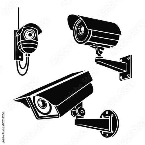 Minimal Security CC Camera Set Silhouette Vector Illustration featuring modern surveillance camera icons 