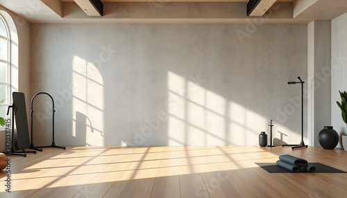 Bright concrete yoga gym interior with equipment, blank mockup space on wall, daylight and wooden flooring. Healthy lifestyle concept. Mock up, 3D Rendering, Dreamy. White tone