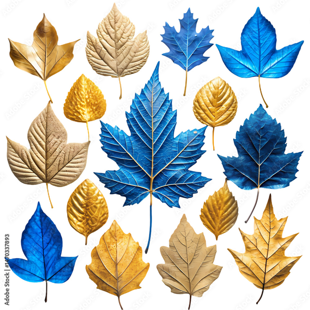 Obraz premium Gold and Blue Autumn Leaves Collection on Transparent background