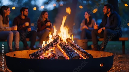Group of friends sitting around a glowing campfire at night in a park setting, drinking hot beverages and enjoying a cozy outdoor gathering

