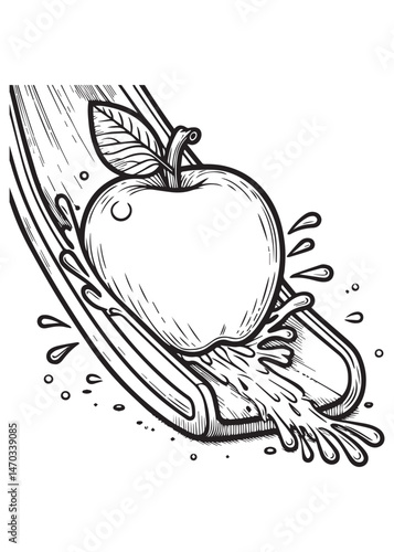 Coloring book apple going down a slide with water splashes. 