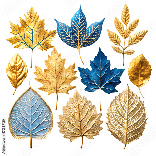 Gold and Blue Autumn Leaves Collection on Transparent background