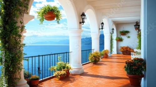 Coastal villa balcony, Mediterranean view, summer, relaxation