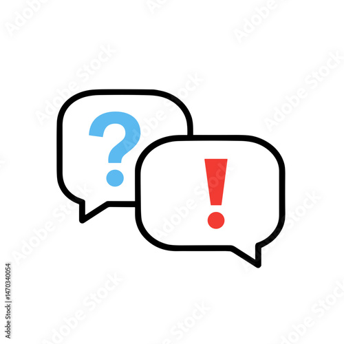 Speech bubbles with question and exclamation mark symbols representing question and answer