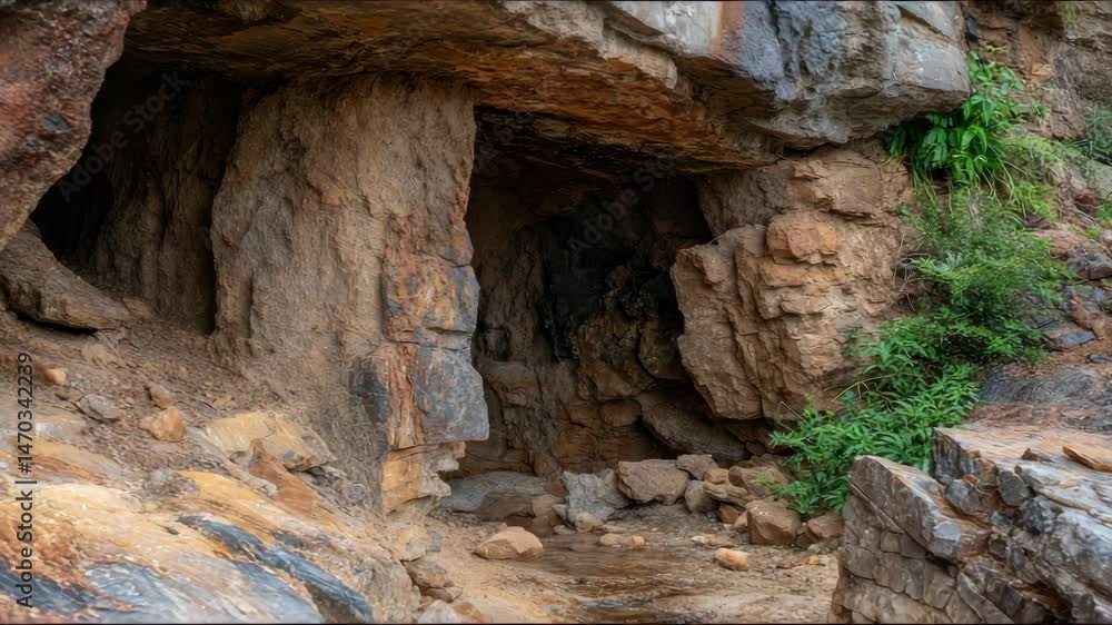 Intriguing cavern entrance with textured rock formations, small stream, and lush green plants cascading down the cliffside Intriguing cavern entrance with textured rock formations, small stream, and lush green plants cascading down the cliffside