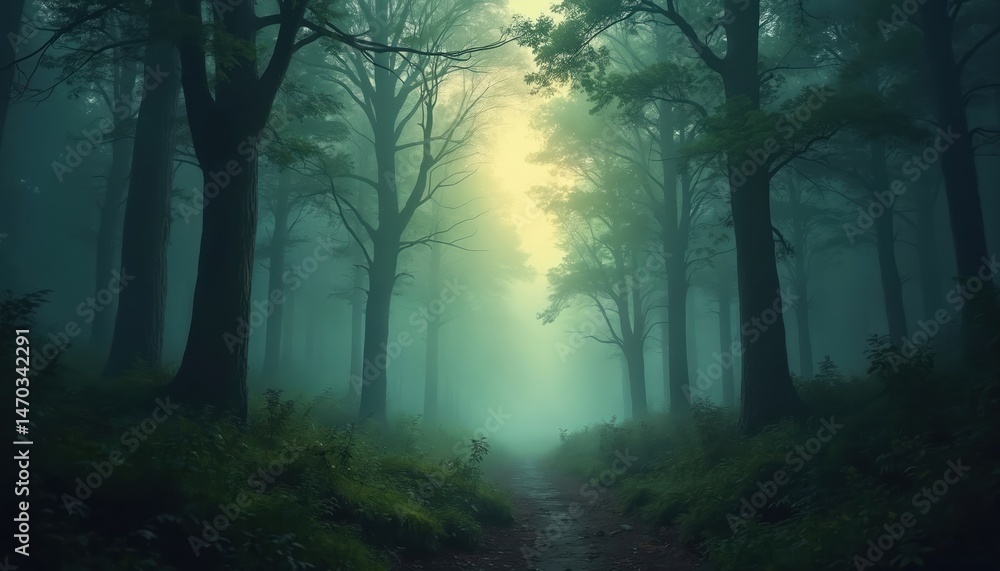 Naklejka premium Mystical forest illustration. Dense trees shrouded fog mist create magical atmosphere. Light shines path, leading viewer further in woods. Nature illustration art evokes dream fantasy.