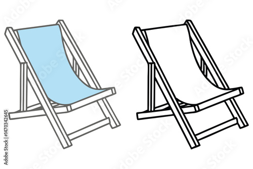 Two simple deckchairs with blue and white canvas are shown side by side