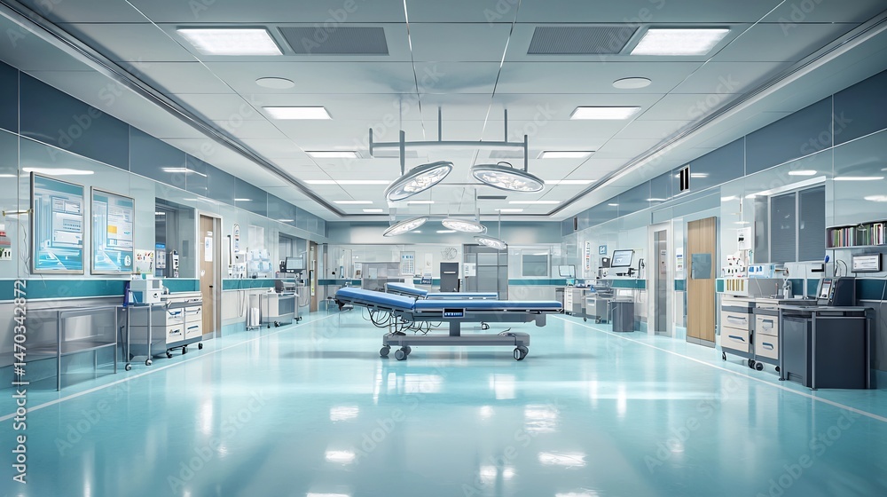 Fototapeta premium Modern surgical room with operating table, lighting, and medical equipment
