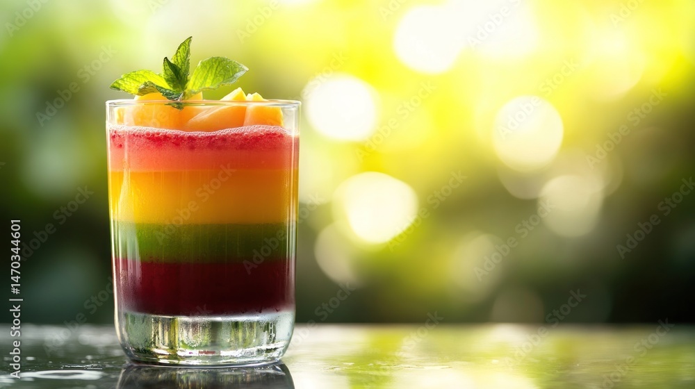 Colorful layered smoothie in a glass, topped with fresh mint Colorful layered smoothie in a glass, topped with fresh mint