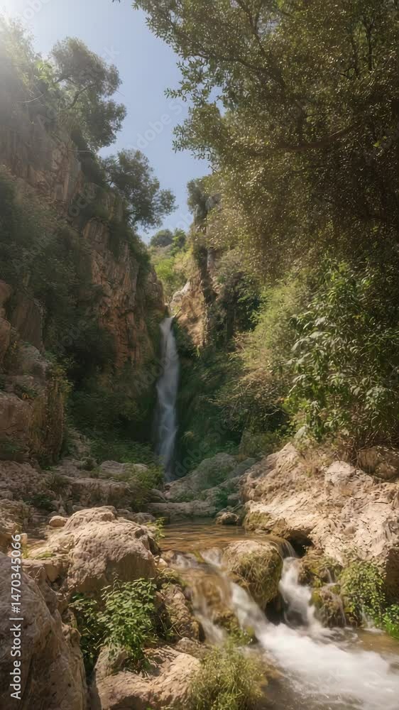 Cascading waterfall plunges down rocky cliffside into clear stream, lush green foliage clinging to rocks, summer sun beaming through trees Cascading waterfall plunges down rocky cliffside into clear stream, lush green foliage clinging to rocks, summer sun beaming through trees