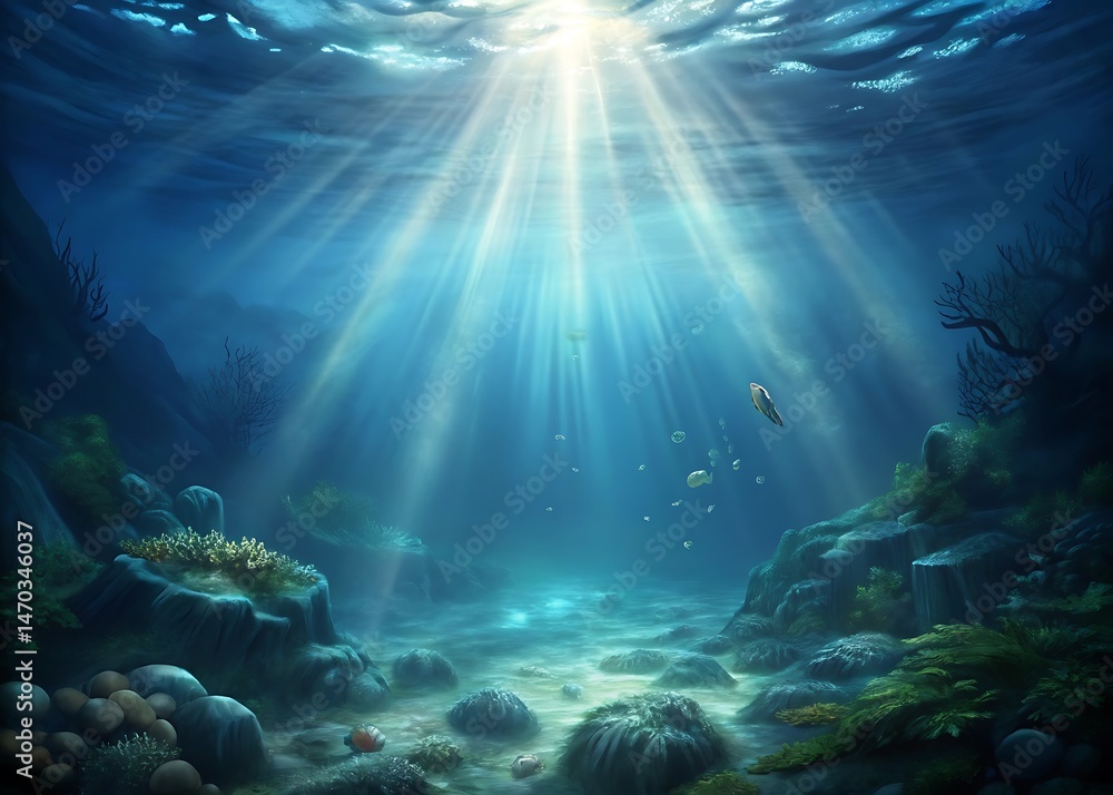 Fototapeta premium Sunbeams Illuminate Serene Underwater Seascape with Rocks and Coral