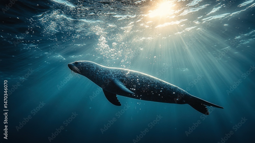 Fototapeta premium Ocean seal glides underwater, sunbeams