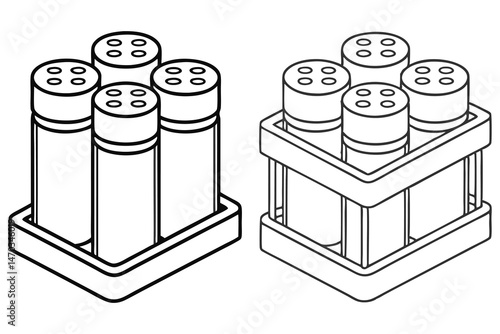 Outline drawing shows two square containers filled with three spice shakers each