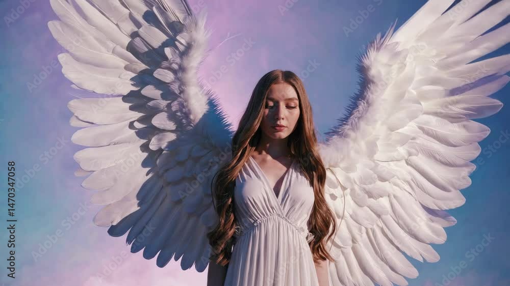 Angelic transformation with graceful wing expansion against dreamy sky Angelic transformation with graceful wing expansion against dreamy sky