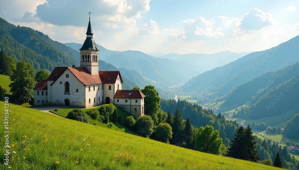 Fototapeta premium A tranquil scene of a Benedictine monastery nestled amongst rolling hills , tranquil, gothic