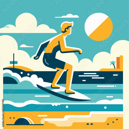vector illustration of people surfing on the beach 