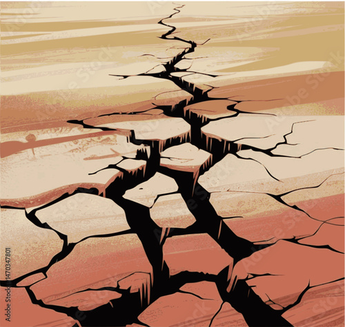 Earthquake Fault Line Vector – Cracked Earth Texture Showing Seismic Ground Fissure, Tectonic Plate Rupture, Earth Surface Fracture, Natural Disaster Concept, Fault Zone, and Ground Split Illustration