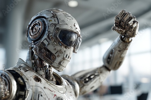 In an office, a robot AI agent celebrates victory, signifying the future of automation and agentic autonomy. Generative Ai