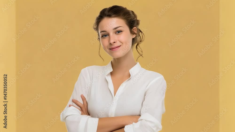 Confident young woman smiling with arms crossed on yellow background, portrait of cheerful female looking forward, attractive girl with blue eyes posing Confident young woman smiling with arms crossed on yellow background, portrait of cheerful female looking forward, attractive girl with blue eyes posing