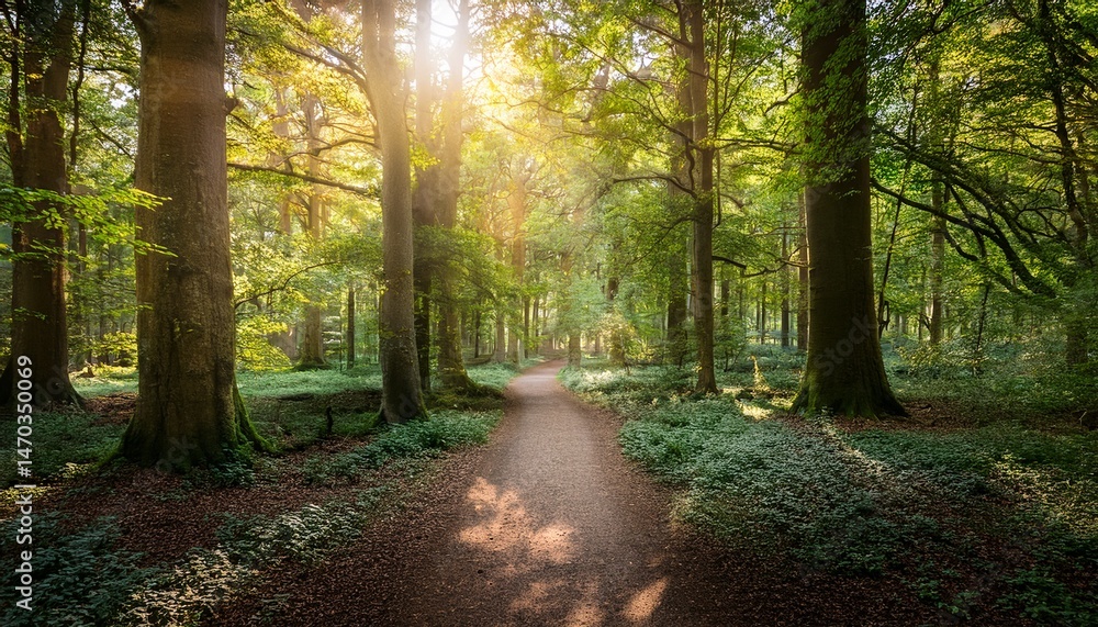 Naklejka premium a scenic forest path leads into the dappled sunlight and trees