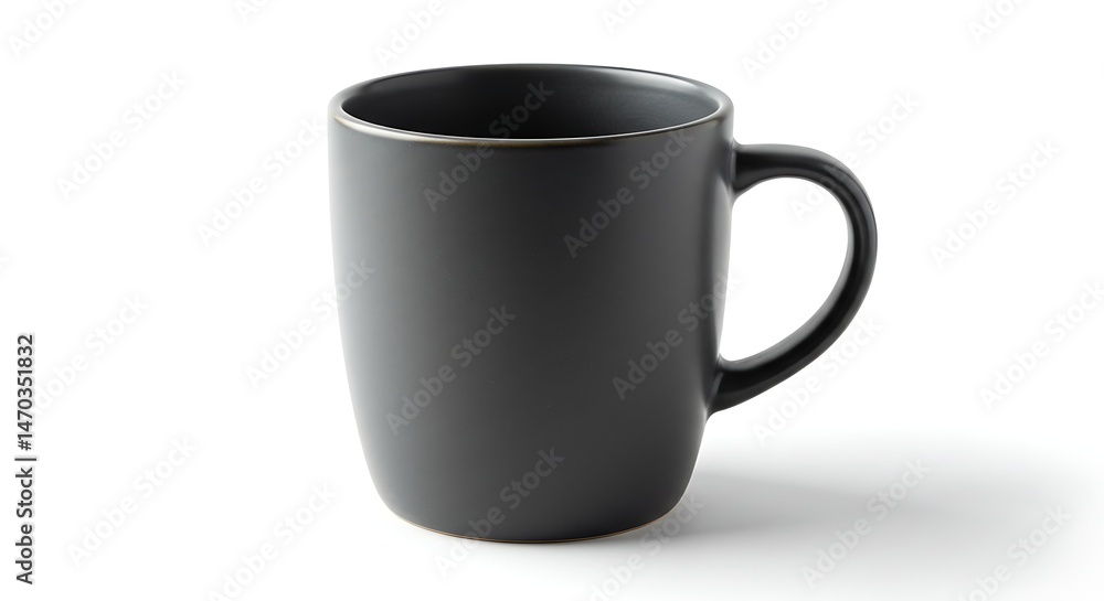 A sleek, minimalist black ceramic mug sits isolated against a pristine white backdrop. A sleek, minimalist black ceramic mug sits isolated against a pristine white backdrop.
